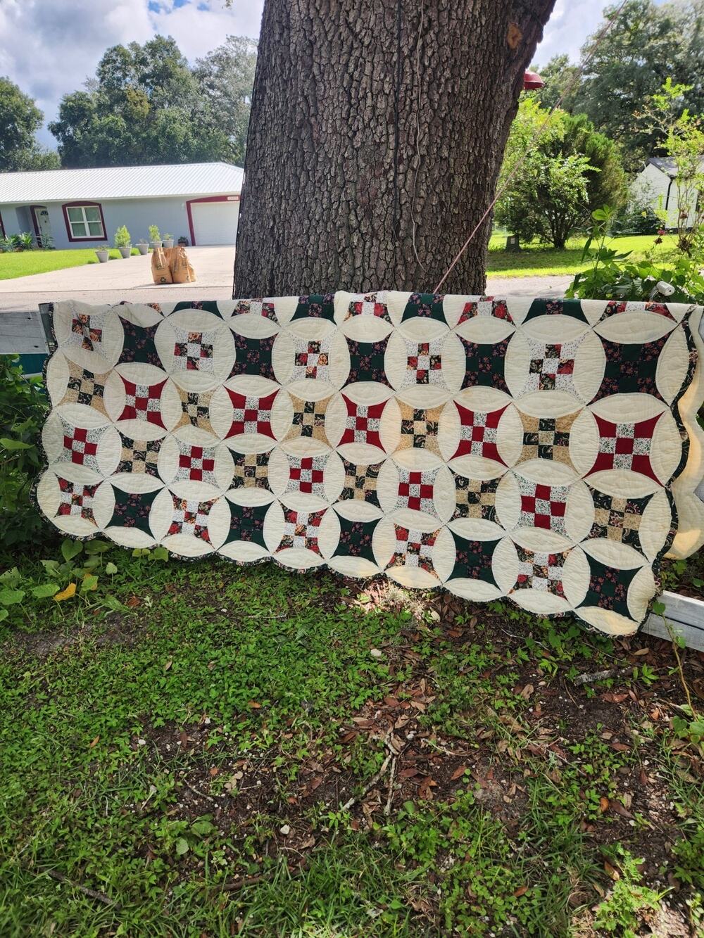 Vintage Double Wedding Ring Quilt Hand Quilted King 86x100 Floral Patchwork